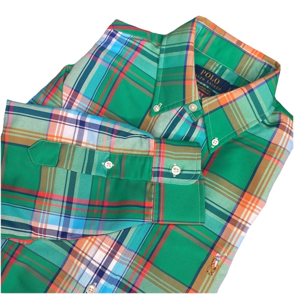 Polo Ralph Lauren Mens Green Plaid Performance Coolmax Classic Fit Shirt Small